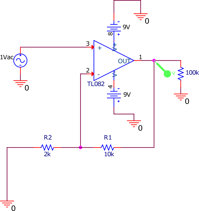 Circuit non inverseur utilisé dans la simulation SPICE. Le générateur de tension sinusoïdal modélise le son de la guitare. Son amplitude est de 1 V et sa fréquence balaye de 10 Hz à 50 kHz.