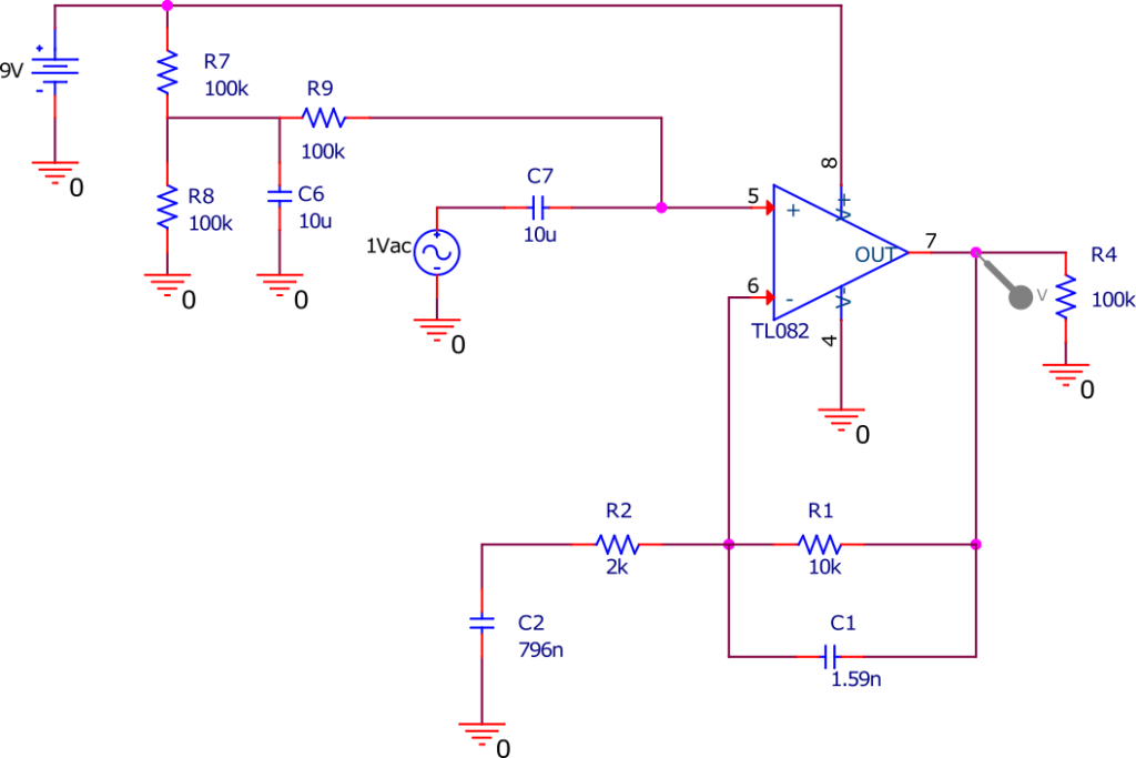 Circuit amplificateur alimenté en mono tension utilisé dans la simulation SPICE. Les conditions de simulations sont les mêmes que précédemment. 