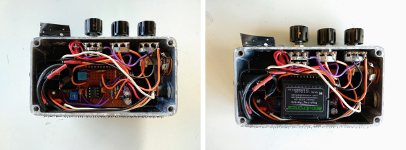 La pédale de réverbe finie. À gauche, sans la BTDR-3. On voit l'ampli op TL072 et d'autres composants. À droite, une fois la BTDR-3 installée sur les sockets Arduino. Il y a trois potentiomètres de contrôle : un pour le mix, un pour le temps de déclin ("decay time") et un pour la tonalité.