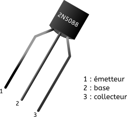 Brochage du transistor bipolaire 2N5088 utilisé dans la Digital Octaver Fuzz.