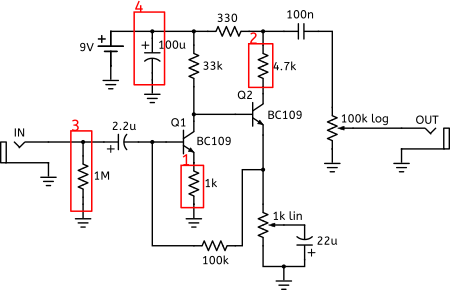 Circuit de la Fuzz Face DIY : à monter vous même ! En rouge j'ai indiqué les modifications que j'ai apporté au circuit original.