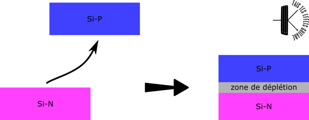 Lorsque l'on met en contact un silicium dopé N (Si-N) et un silicium dopé P (Si-P) les porteurs (respectivement électrons et trous) se recombinent dans la zone de contact. On obtient une zone libre de porteurs de charge que l'on appelle zone de déplétion ou zone de charge d'espace.