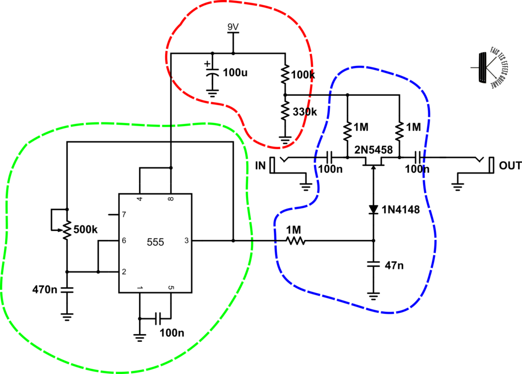 Schéma du tremolo JFET une fois les différentes sections assemblées.