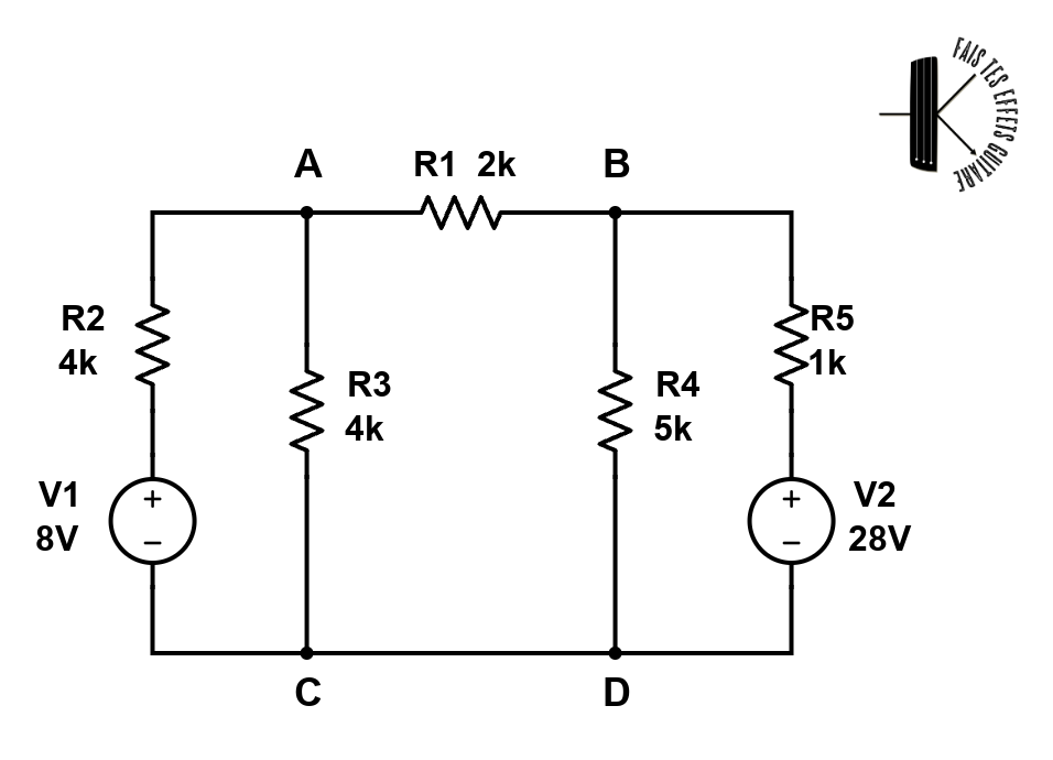 Circuit que nous allons résoudre avec la méthode des tensions de noeud.