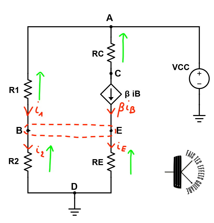 Résolution du circuit de boost par la méthode des tensions de noeud. On remarque le super-noeud entre B et E.